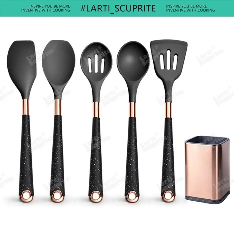 Gold Plated Handle Silicone Cooking Utensils Non-Stick Bpa