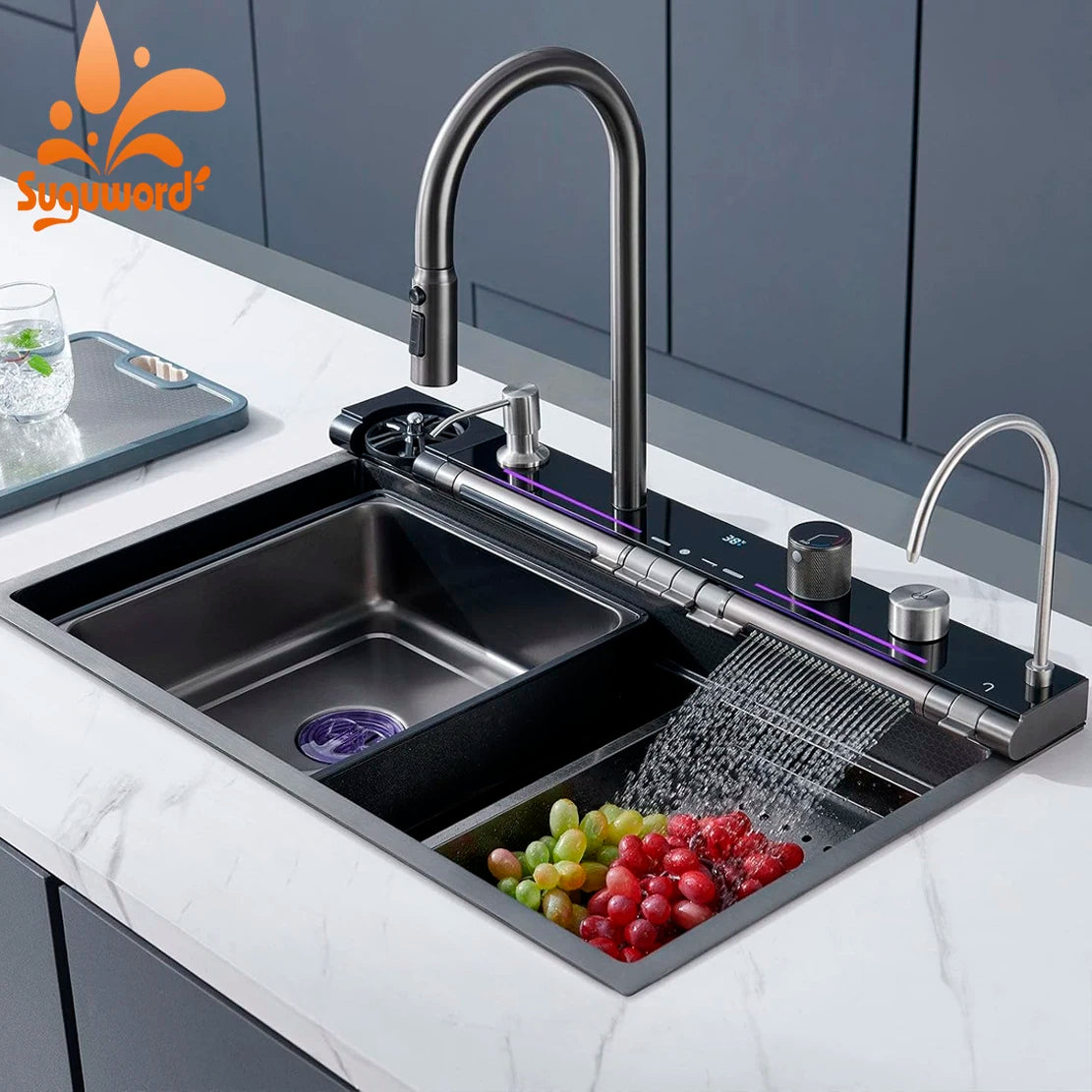 Stainless Steel Waterfall Sink Digital Display Large Sink