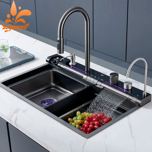 Stainless Steel Waterfall Sink Digital Display Large Sink
