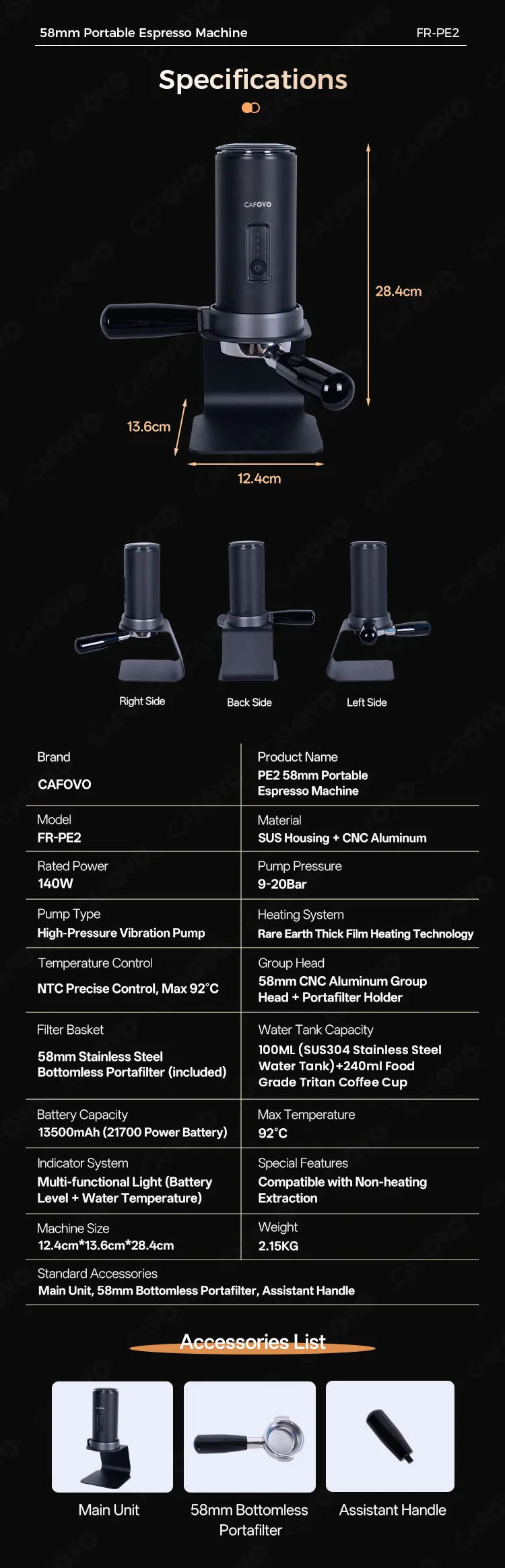 Cafovo Pe2 Wireless Espresso Machine 58mm Bottomless Portafilter