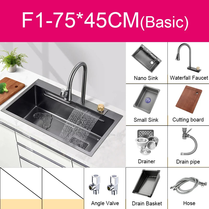 Black Nano Sink Waterfall Faucet Large Bowl Cup