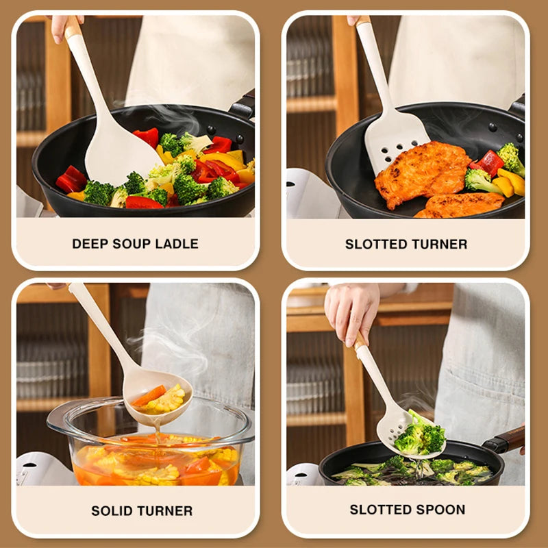 Silicone Cooking Utensils Durable Hardwood Handle Heat Resistant