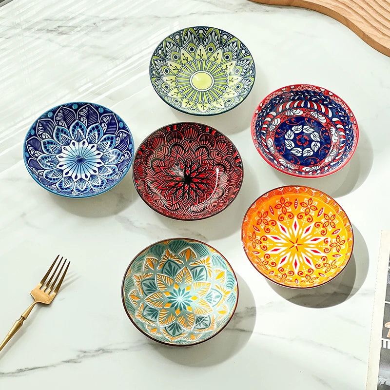 6-Piece Bohemian Hand-Painted Underglaze Ceramic Plates -