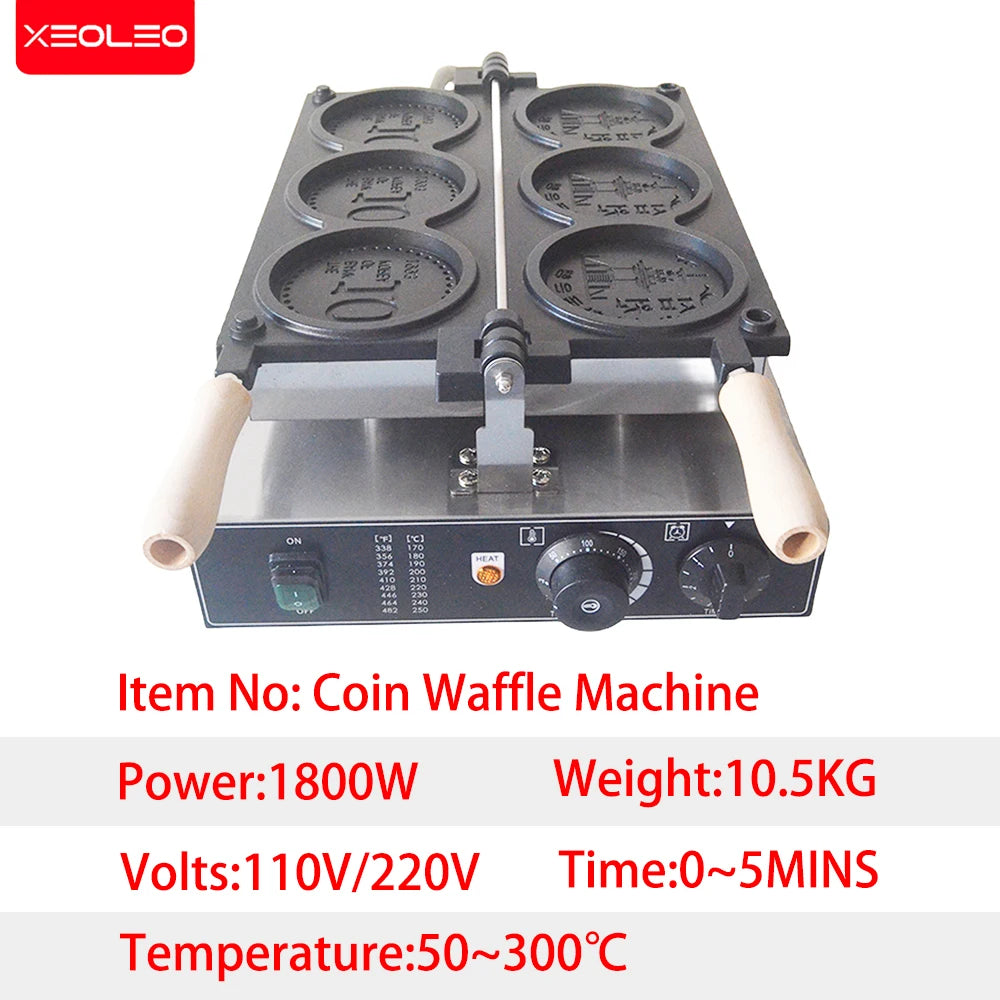Xeoleo Commerical 3pcs Coin Waffle Maker Korean Gold