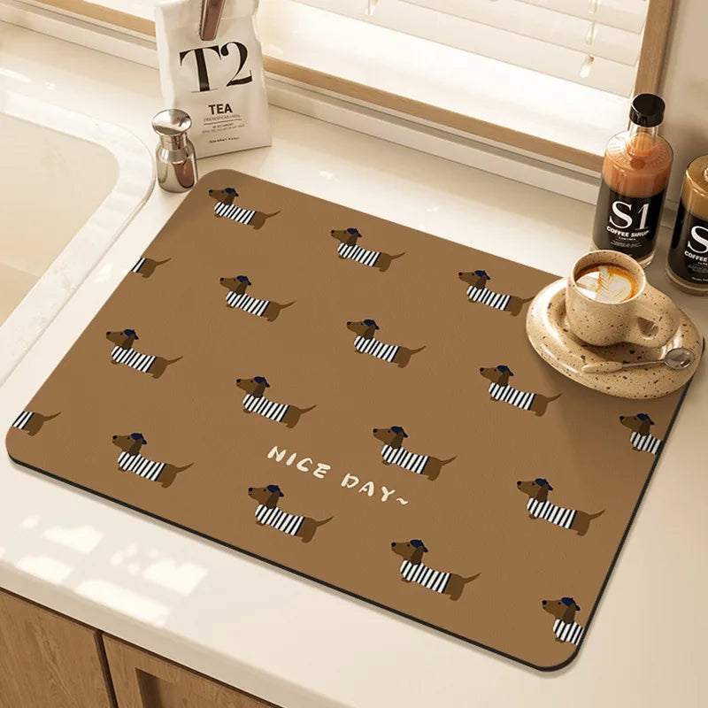 Cartoon Pug Pattern Printed Drying Mat Counter Heat-Resistant