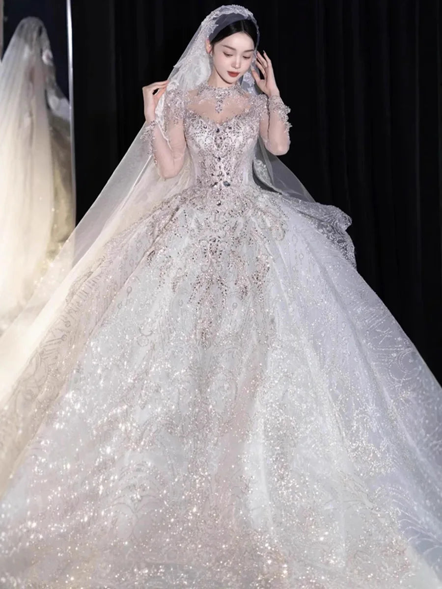 Full Sleeve Wedding Dresses Shinny Wedding Dress Classic
