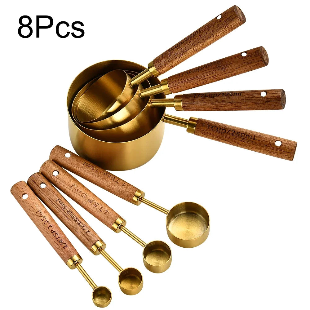 1/4/8pcs Gold Wooden Handle Stainless Steel Measuring Cups