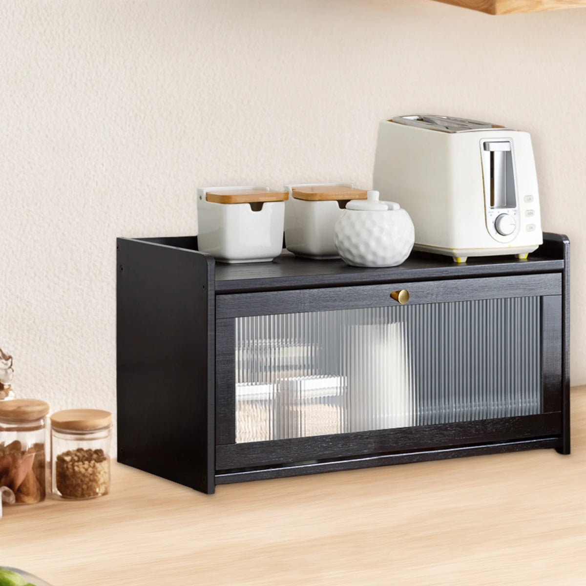 Bamboo Large Capacity Bread Box Countertop Organizer Acrylic