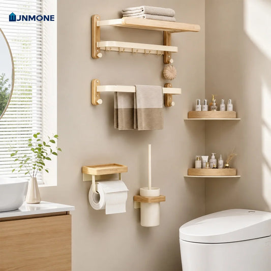 White Walnut Wood Bathroom Hardware Towel Rack Organizer