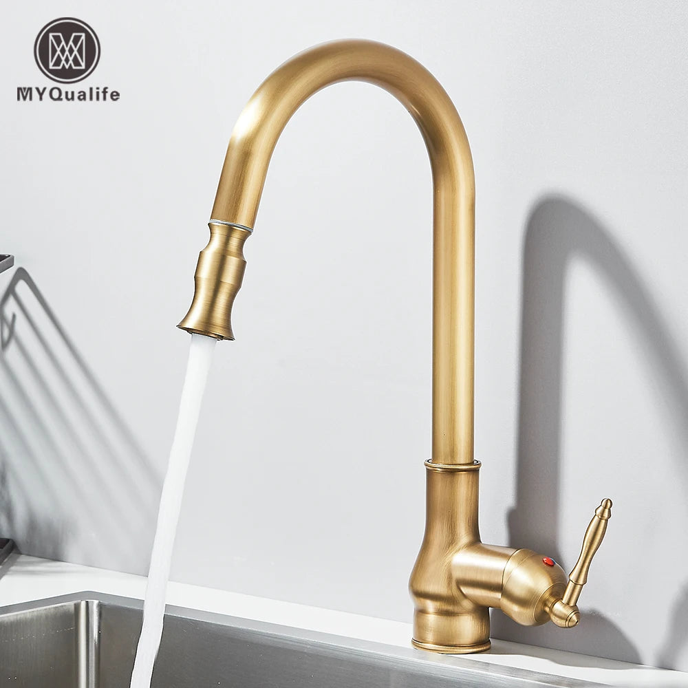 Antique Brass Sink Faucet Pull Down Swivel Spout