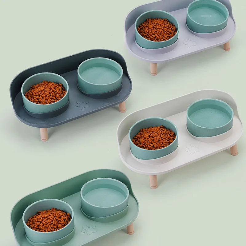Cat Double Bowl Safety Wood Stand Silicone Mat