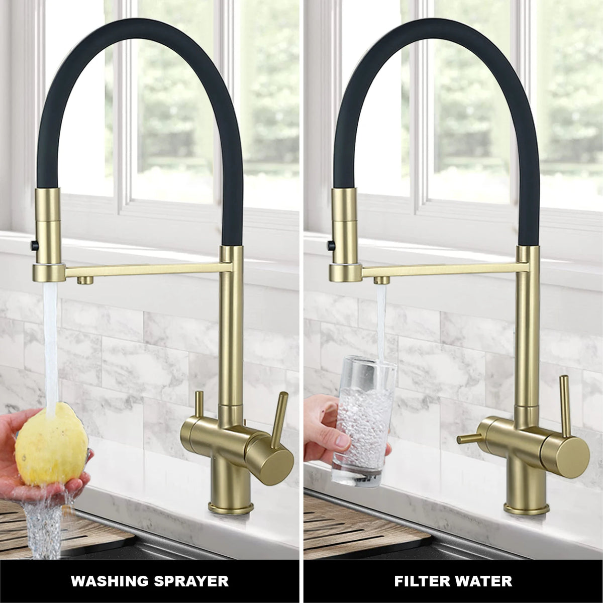 Modern Brushed Gold Brass Faucet Water Filtration Design