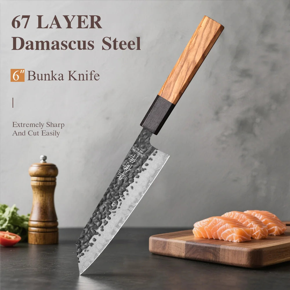 6-Inch Japanese Bunka Knife 67 Layer Damascus Steel