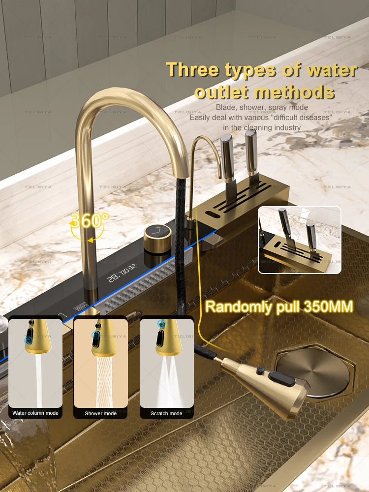 Stainless Steel Sink Large Slot Waterfall Digital Display