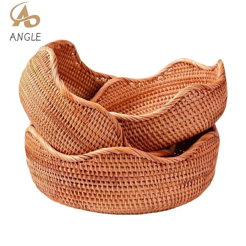 Round Rattan Fruit Basket Wicker Woven Snack Tray