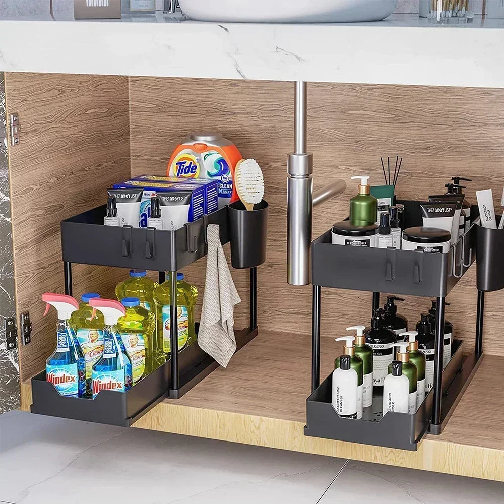 2-Tier Under Sink Organizers Storage Sliding L-Shape Under