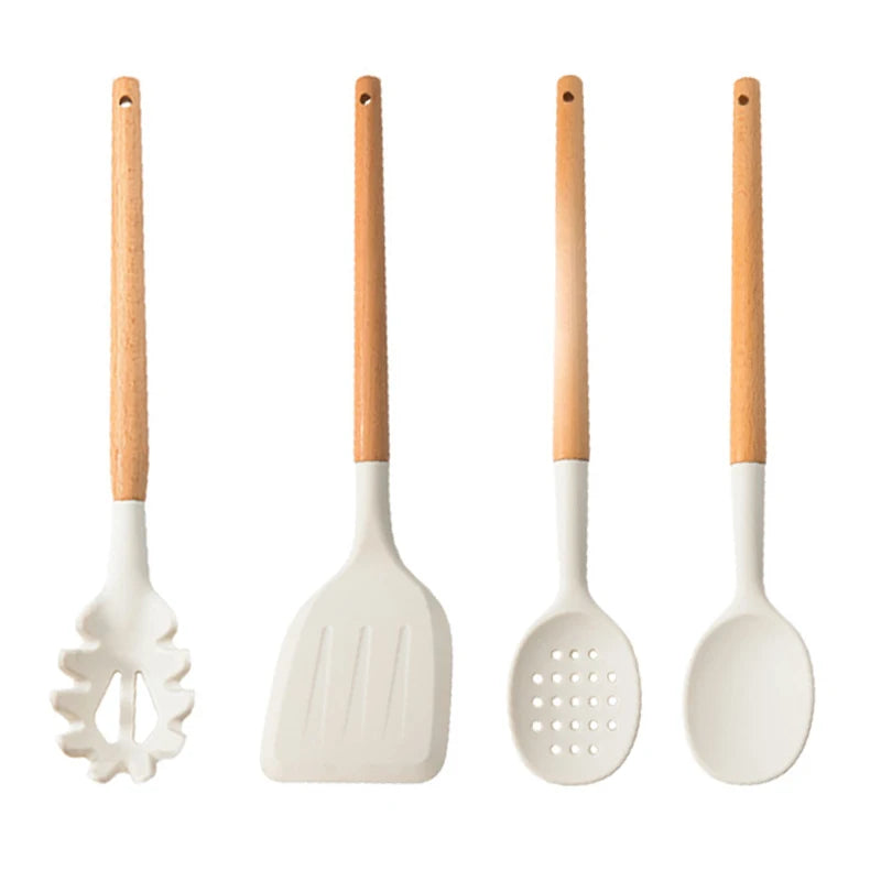 White Silicone Wooden Handle Soup Spoon Spatula Brush