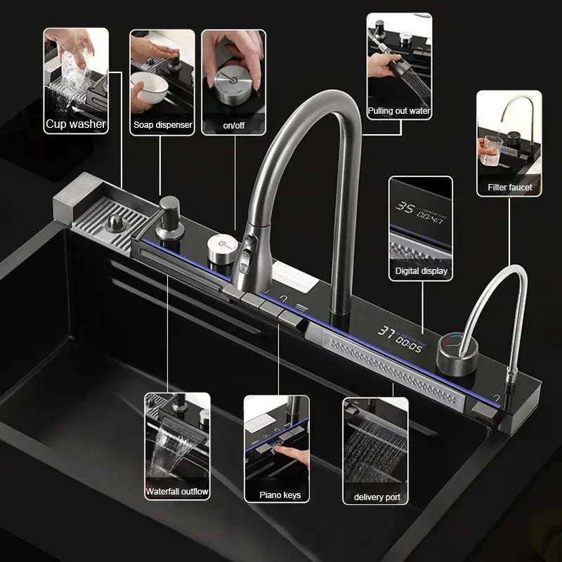 304 Stainless Steel Waterfall Sink Large Slot Integrated