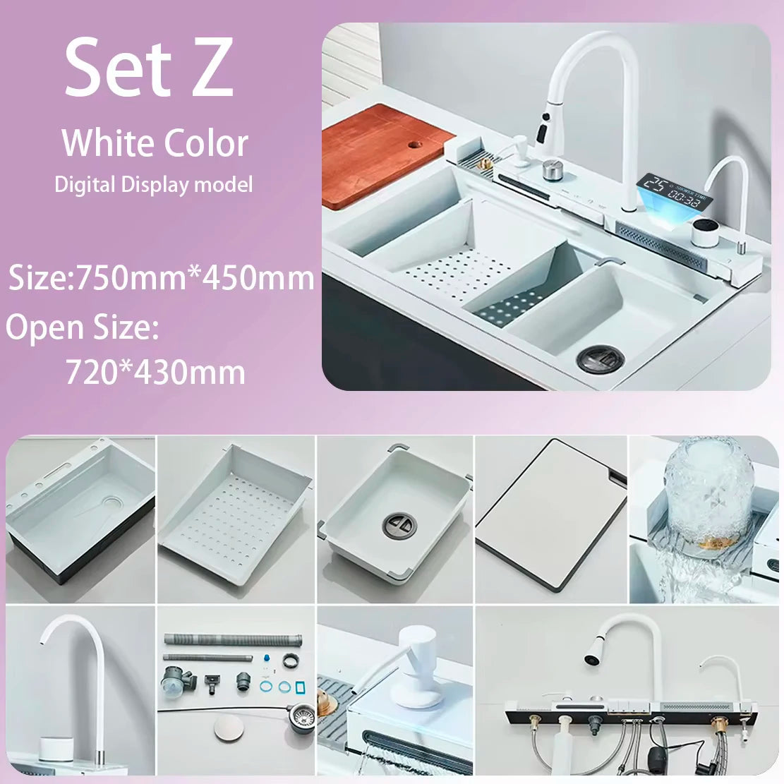 Stainless Steel Waterfall Sink Digital Display Large Sink