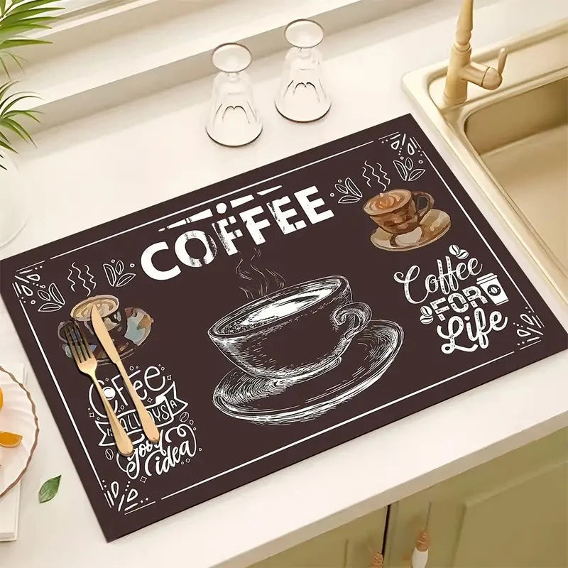 Creative Coffee Print Drying Mat Soft Rubber Non-Slip