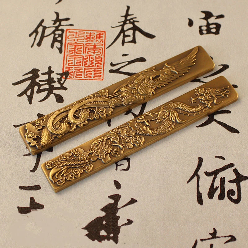 Chinese Style Brass Paperweight Antique Hand Painting Calligraphy