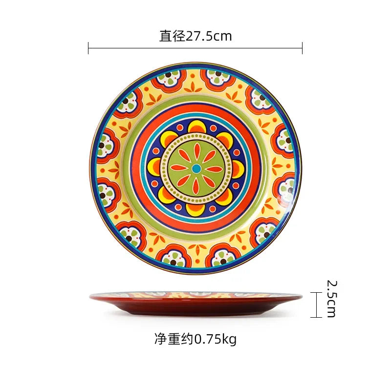 1pcs Ceramic Tableware Bohemian Flat Dinner Plate Western