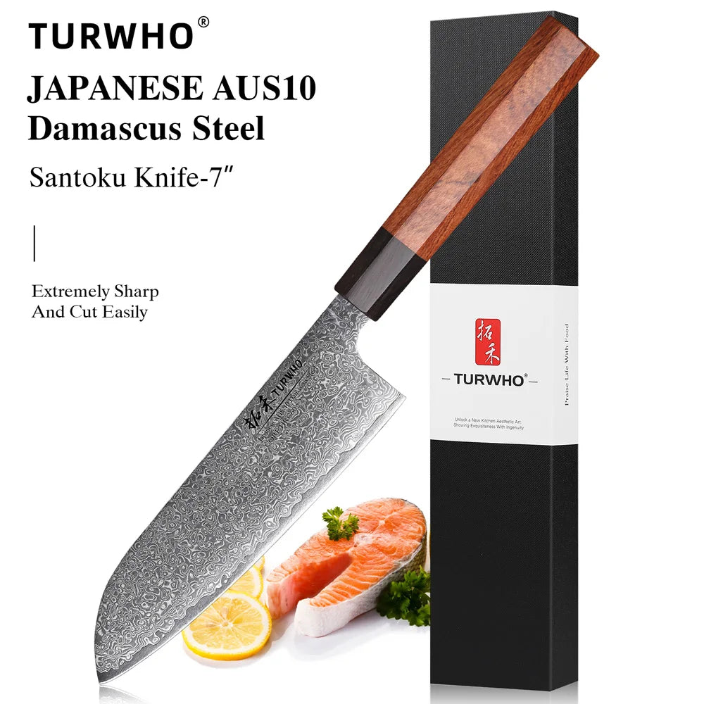 Turwho Santoku Knife Damascus Steel Chef Knives Sharp