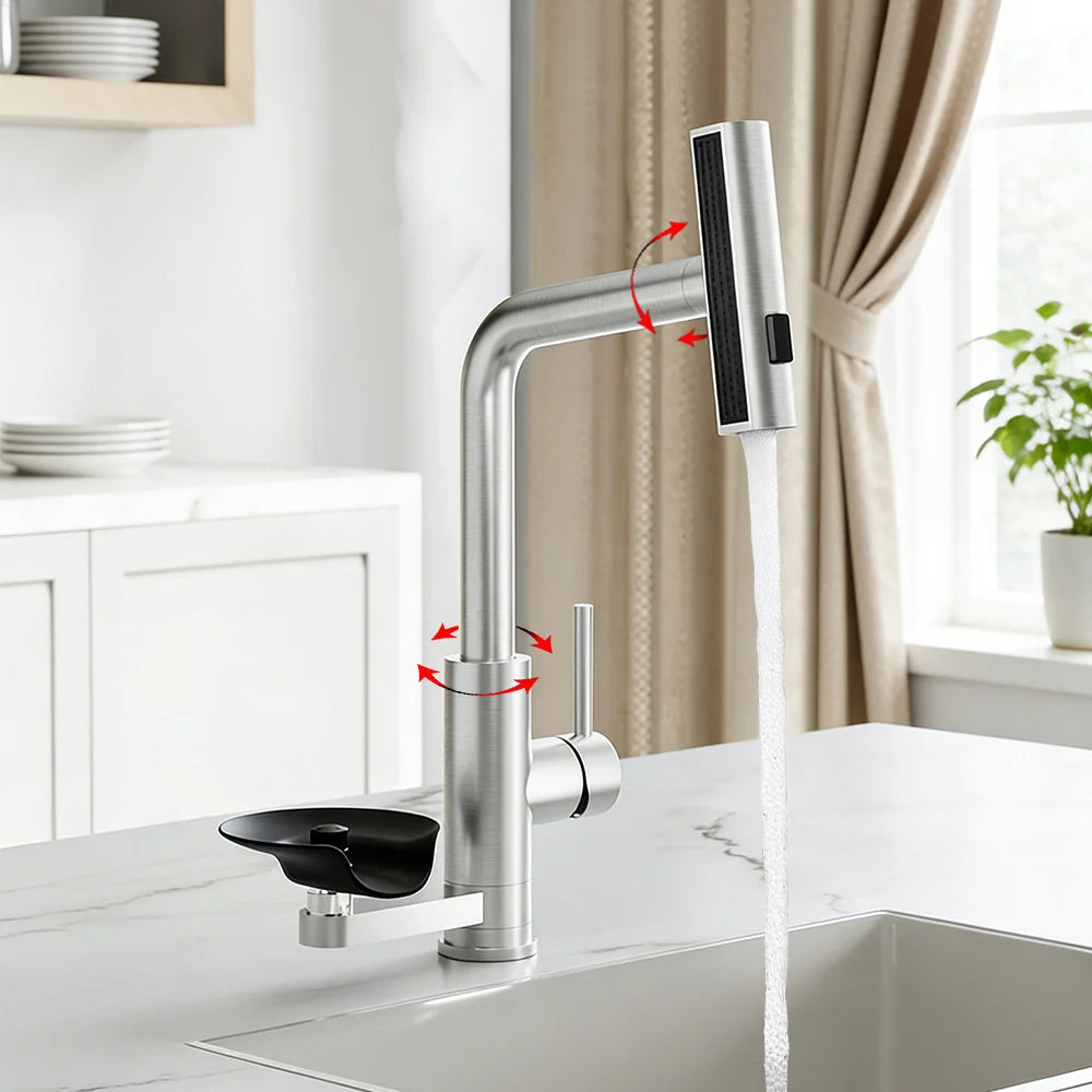 Brushed/Black Sink Faucet Cup Wash Waterfall Pull Out