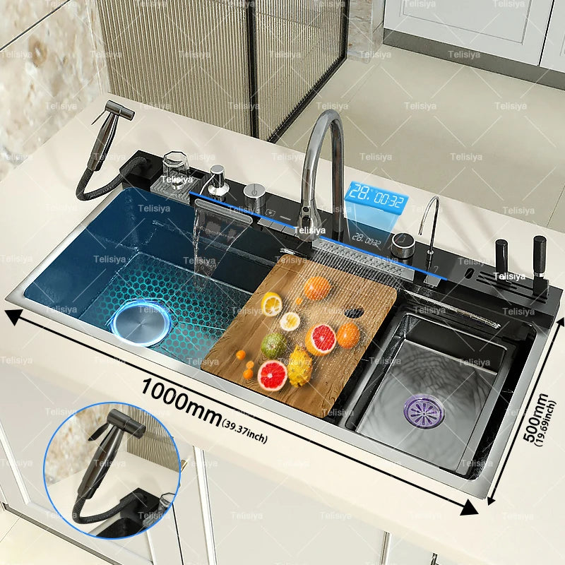 Stainless Steel Sink Digital Display Waterfall Large Slot