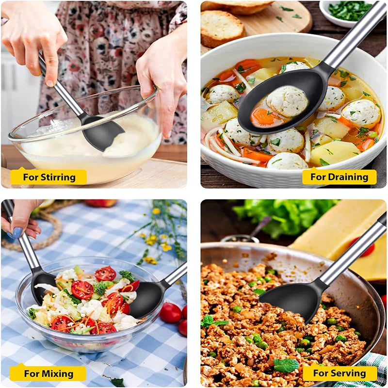 Silicone Cooking Spoons Kit Stainless Steel Handle Salad