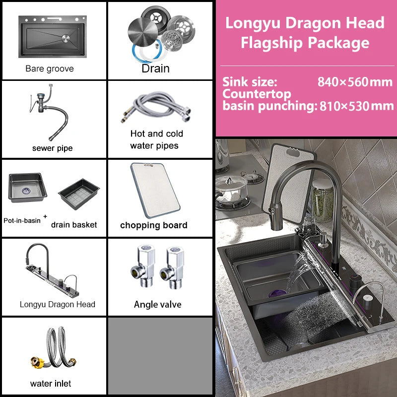 Waterfall Digital Display Sink Stainless Steel Wash Dish