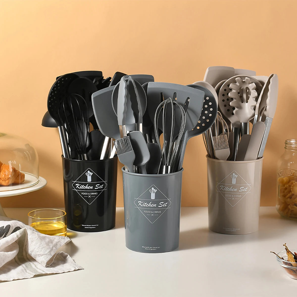 15pcs Silicone Kitchenware Stainless Steel Handle Cooking