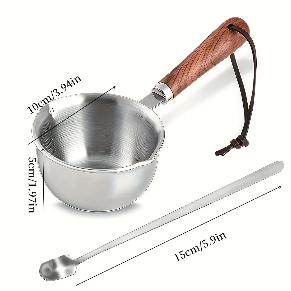 Stainless Steel Melting Pot Wooden Handle Stainless Steel