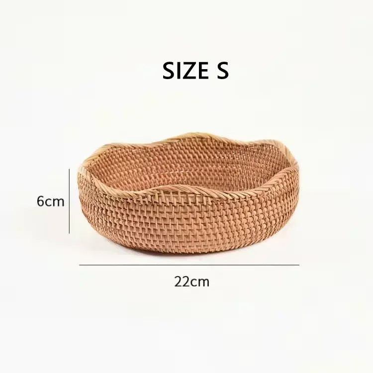Round Rattan Fruit Basket Wicker Woven Snack Tray
