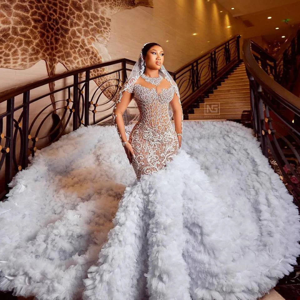 Exquisite Lace Mermaid Wedding Dresses Shine Crystal Lllusion