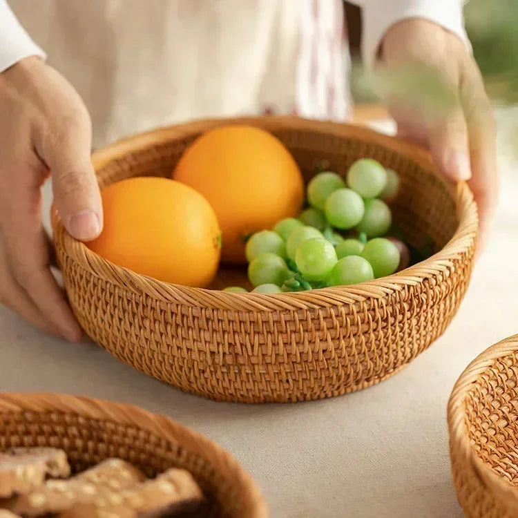 Round Rattan Fruit Basket Wicker Woven Snack Tray