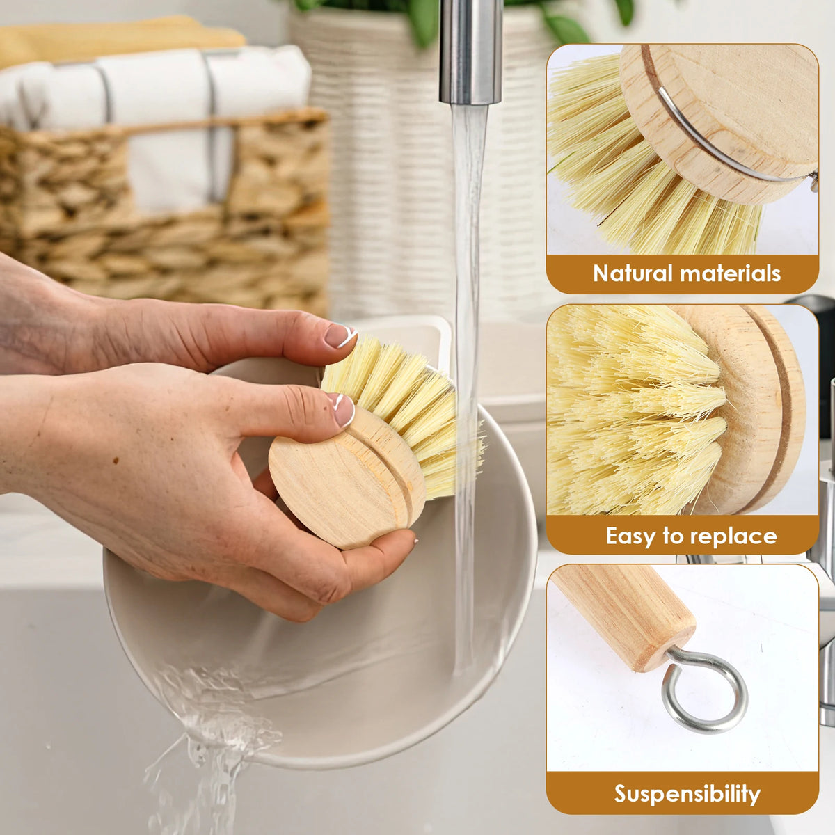3/4/5/10pcs Bamboo Dish Scrub Brushes Replaceable Dish Brush