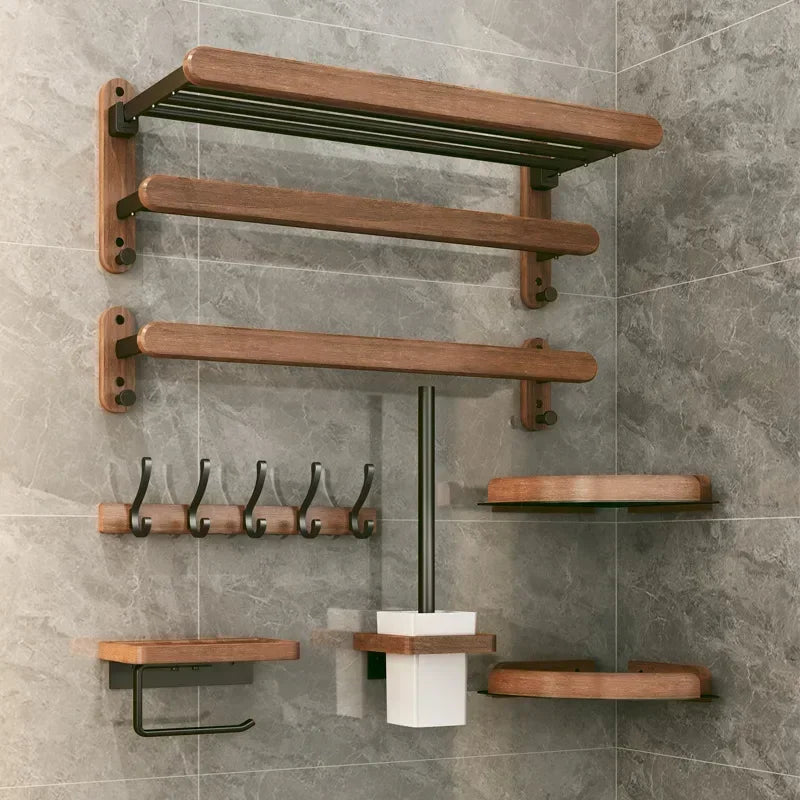 Walnut Wood Black Bathroom Hardware Bathroom Towel Rack