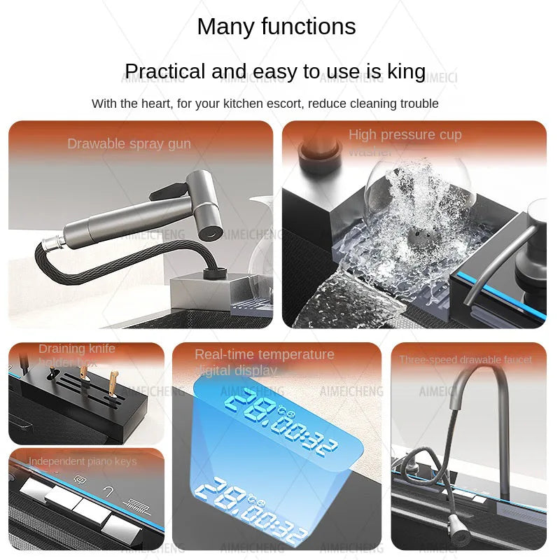 304 Stainless Steel Waterfall Sink Digital Display Large
