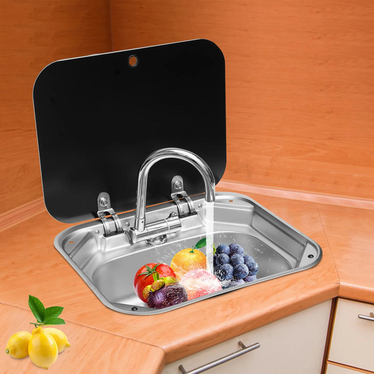 Rv Sink Foldable Tempered Glass Cover&Faucet Stainless Steel