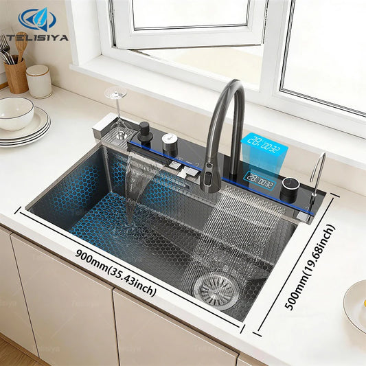 Waterfall Digital Display Sink Stainless Steel Wash Dish