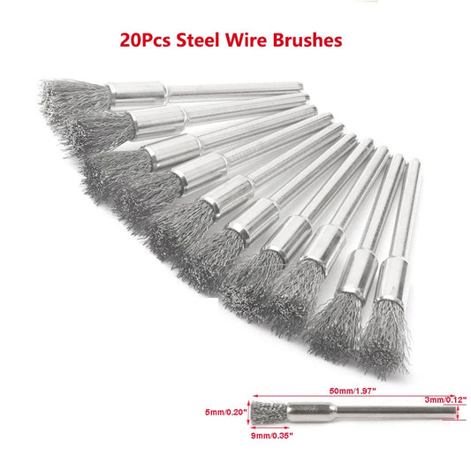 20pcs Steel Wire Brushes Dremel 3mm Shank Polishing
