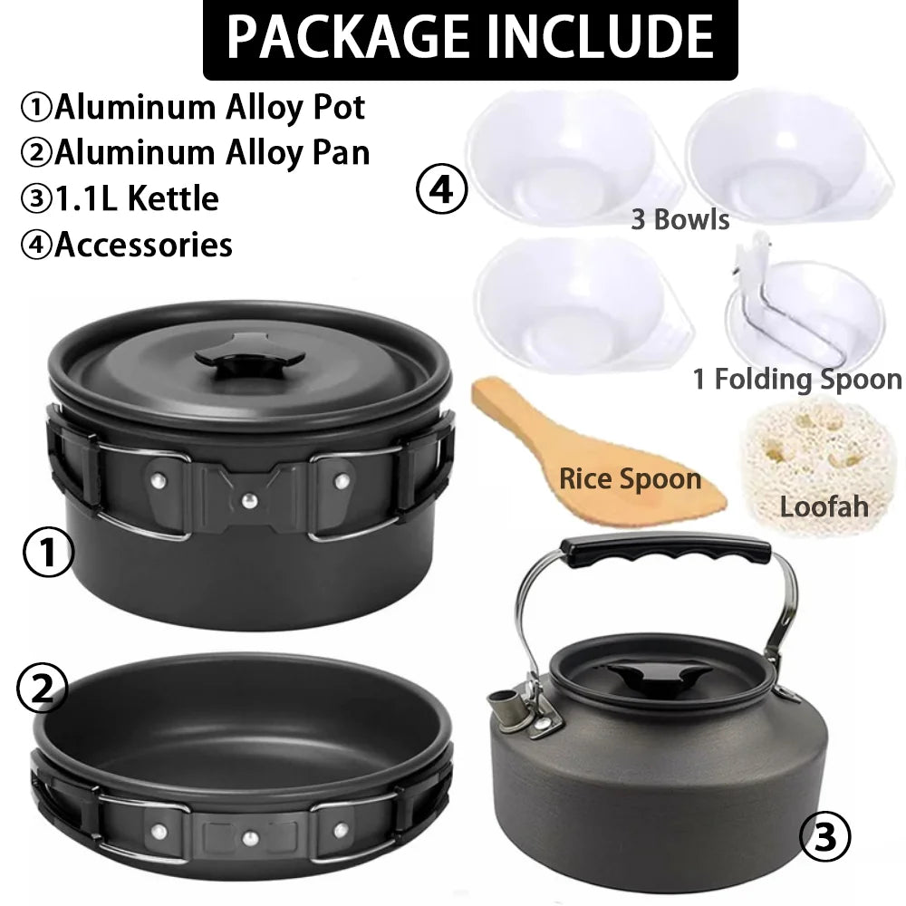 Camping Travel Equipment Tableware Cookware Kit Pots Burner