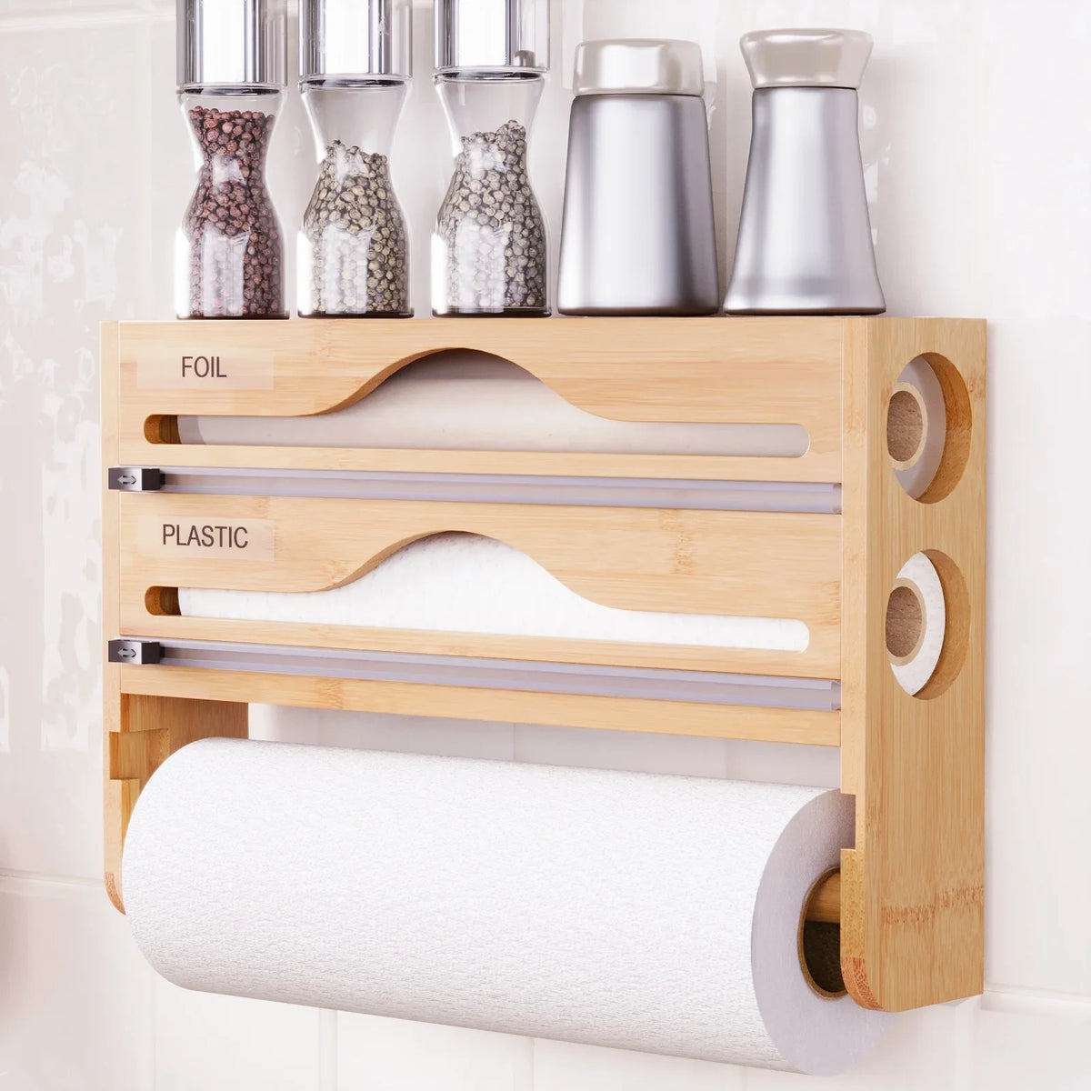 Bamboo Compartment Cling Film Tin Foil Cutter Box