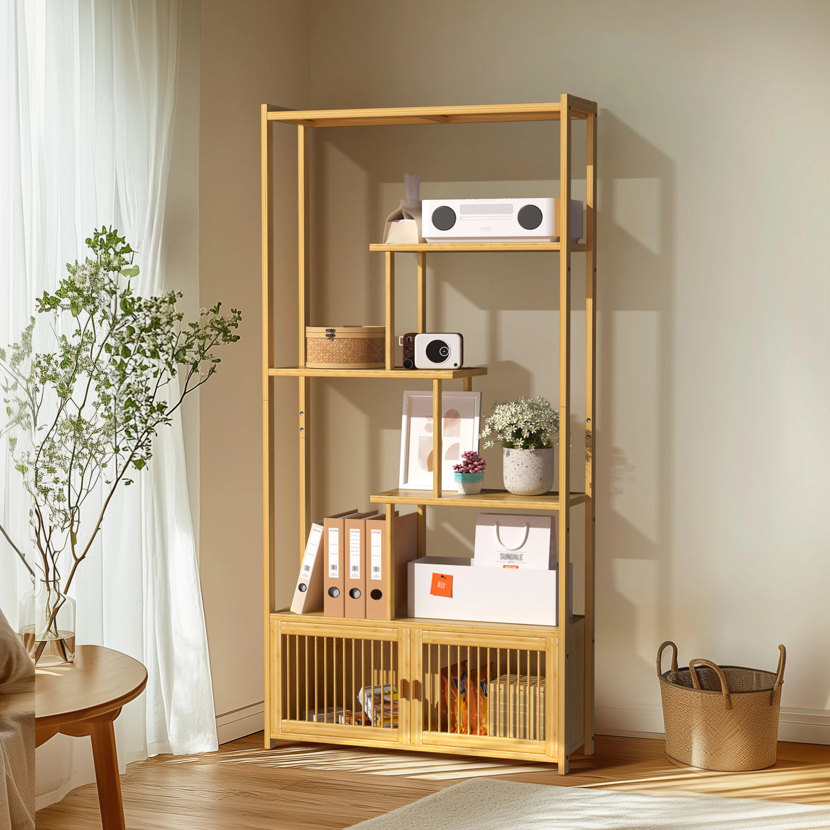 Bamboo Storage Rack Shelving Unit High Low Shelves