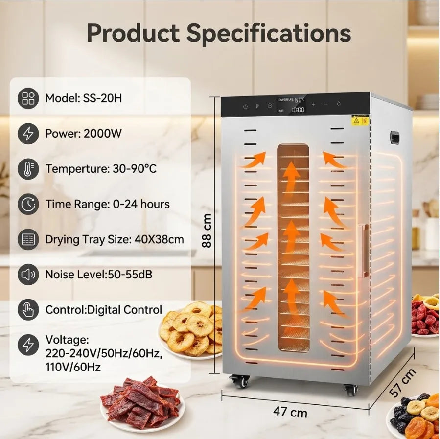 2000w Commercial Food Dehydrator 20 Trays Stainless Steel