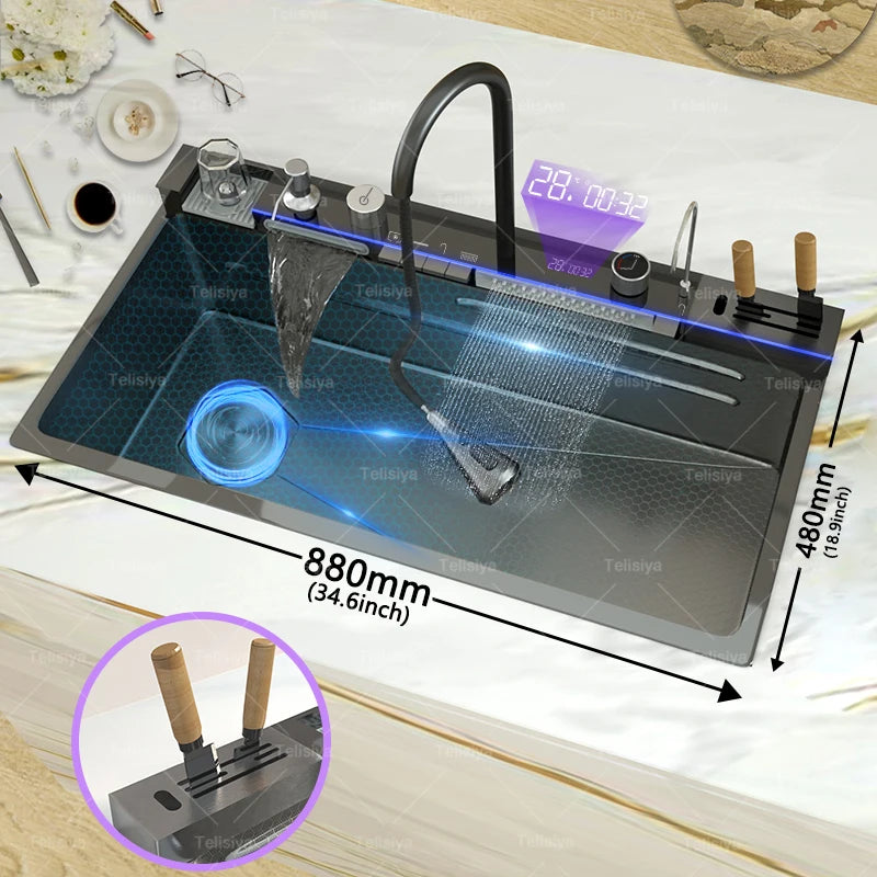 Stainless Steel Sink Digital Display Waterfall Large Slot