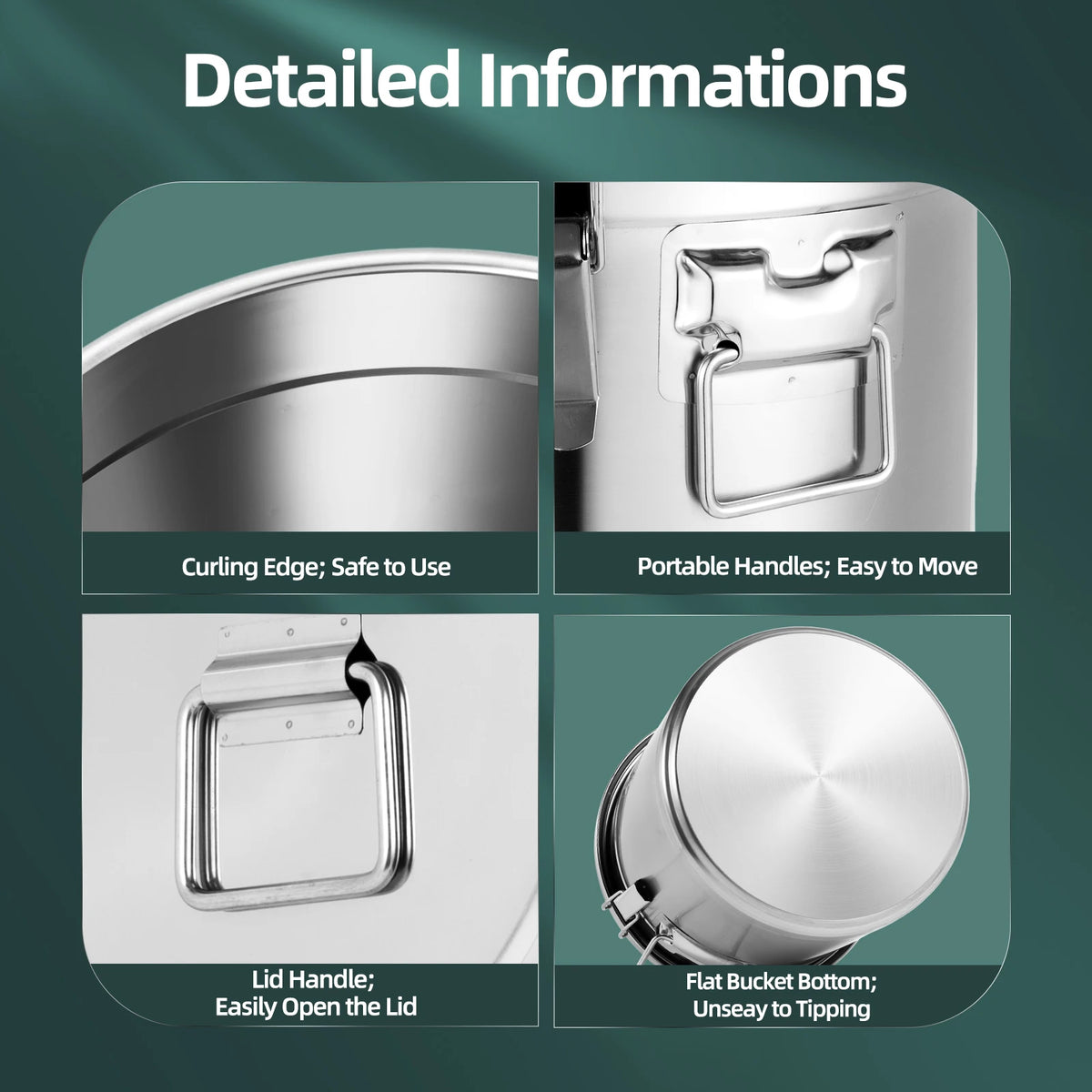 21/33l Stainless Steel Storage Bucket Lid & Handles