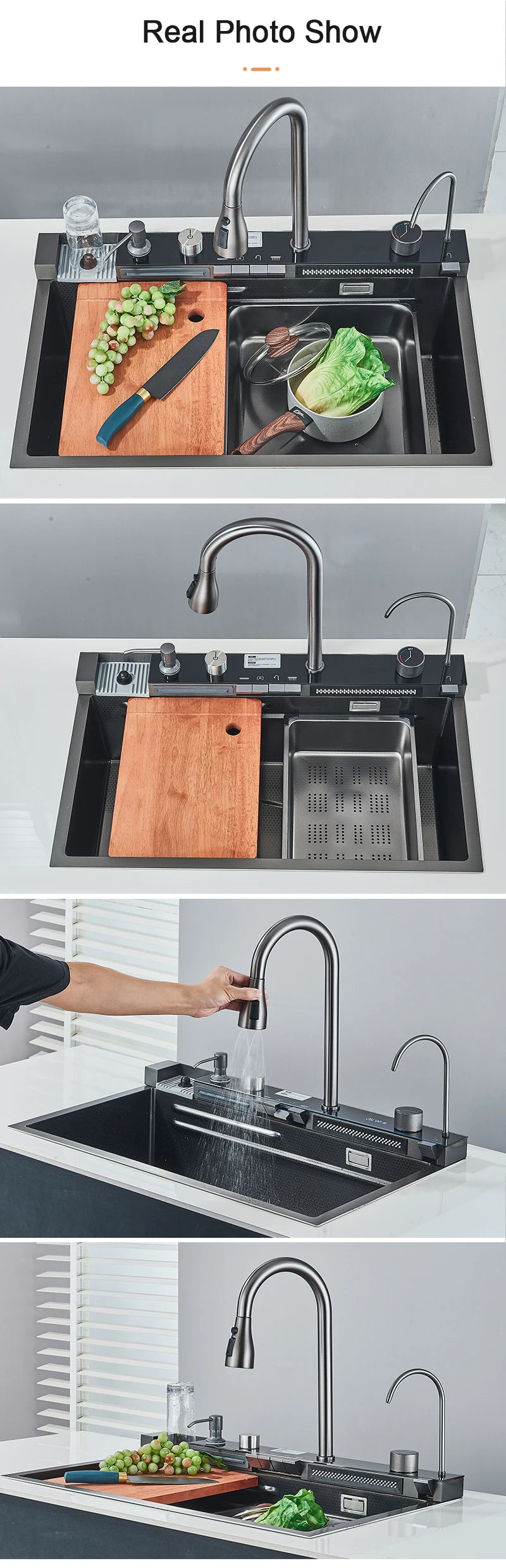 Stainless Steel Sink Faucet Digital Display Large Bowl