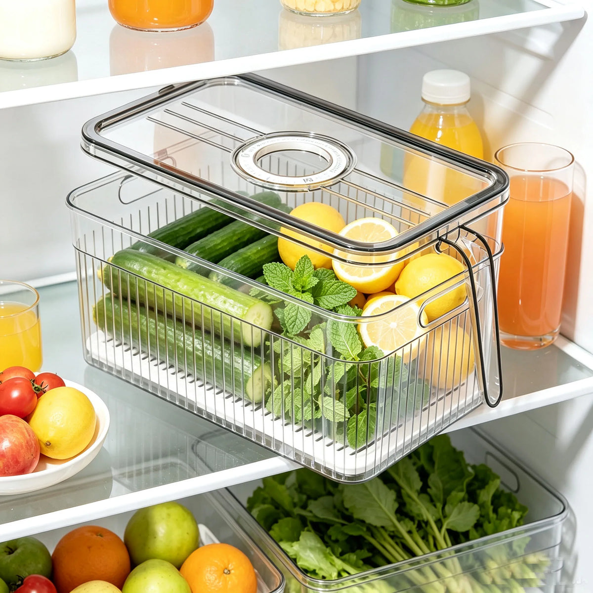 Refrigerator Storage Box Timer Lid Drain Tray Clear